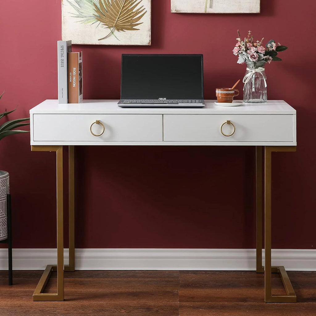 White Gold 2 Drawer Wood Metal Desk P6078