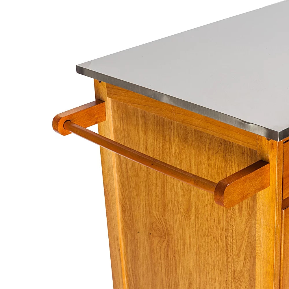 Wood Kitchen Cart with Stainless Steel Top and Storage Cabinet D28933