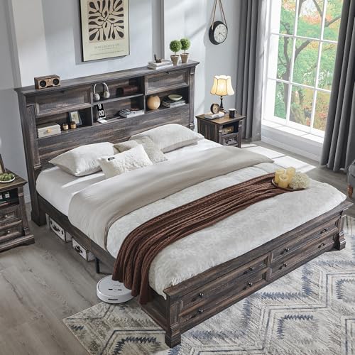 King Size Wood Platform Bed Frame with Storage Headboard and 2 Drawers Antique White R1863