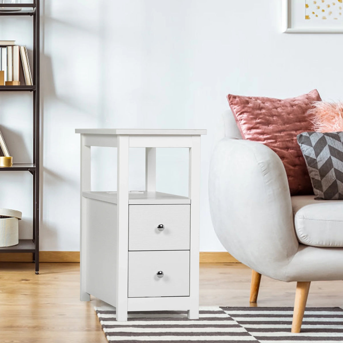 White Narrow End Table with Charging Station P7549