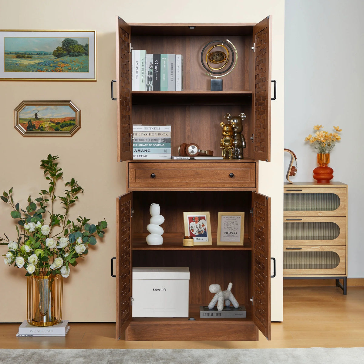 Walnut Storage Cabinet with 4 Doors and a Drawer L830303