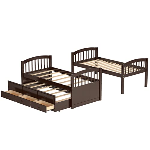 Twin Over Twin Wood Bunk Bed with Trundle and Storage Drawers R102