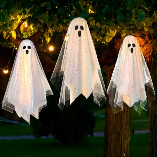 3 Pack 12" Lighted Hanging Ghost Halloween Decorations with Sheer Gauze A2629