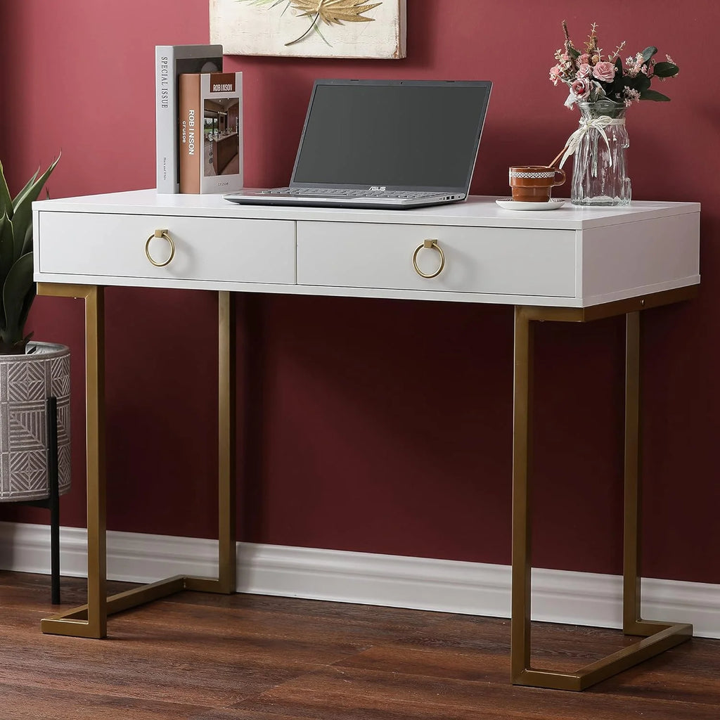 White Gold 2 Drawer Wood Metal Desk P6078
