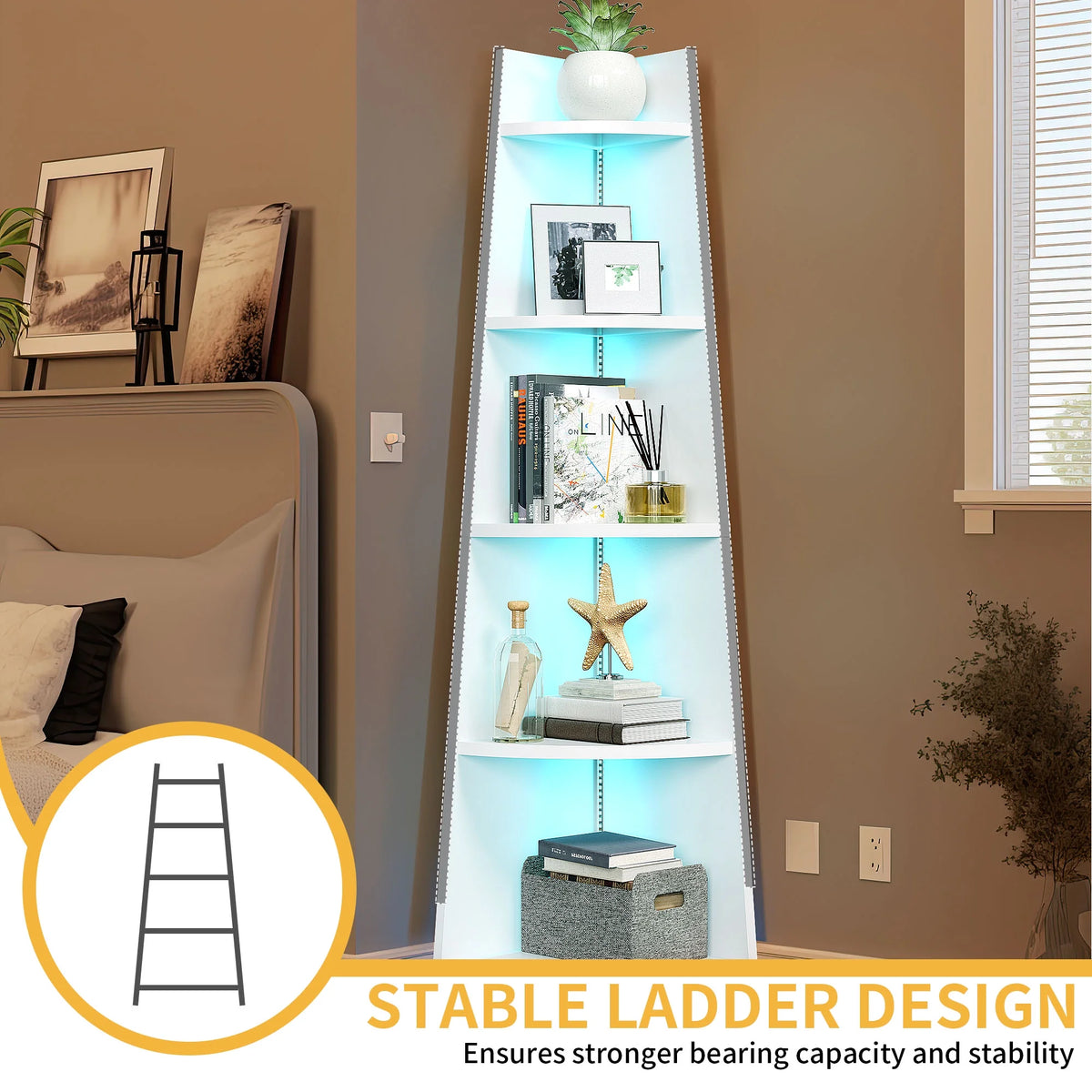 White 5 Tier Corner Shelf with Led Light X55839