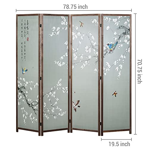 4-Panel Folding Room Divider with Brown Wooden Frame F21468