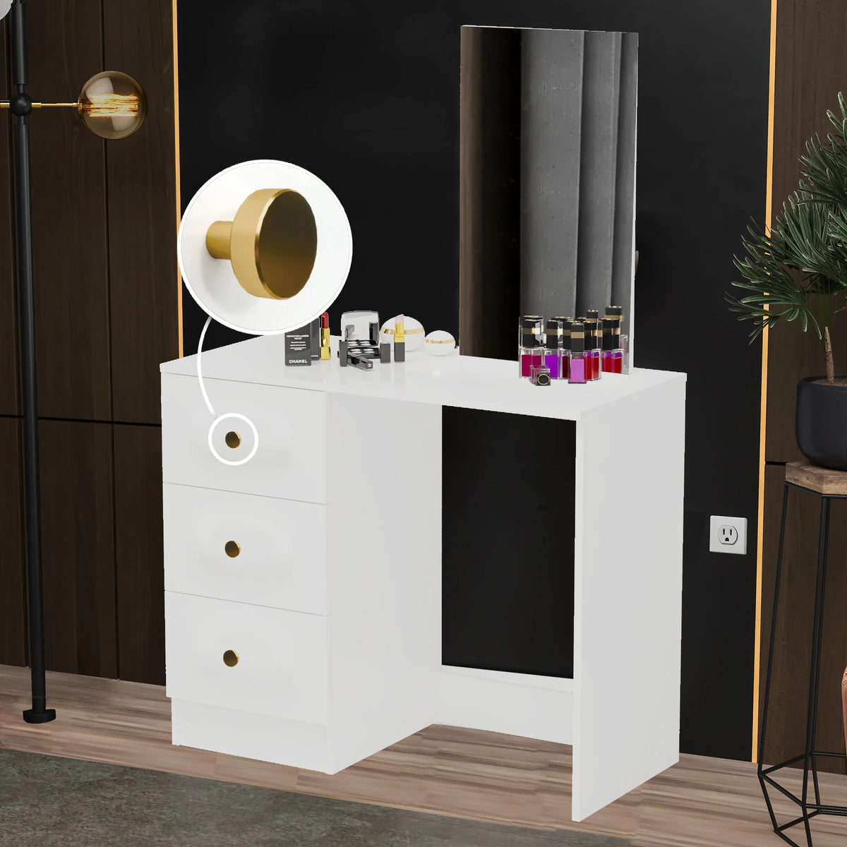 White Modern Makeup Vanity Desk with Mirror and 3 Drawers I6006