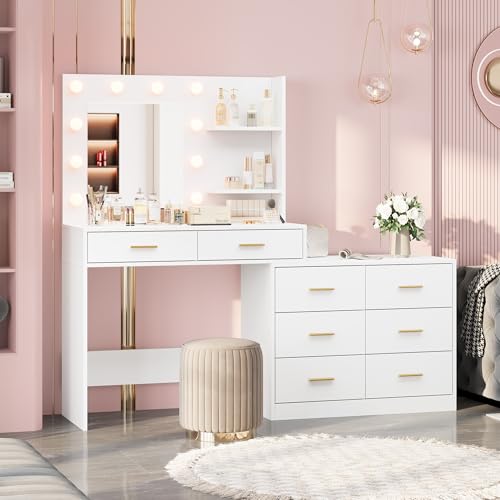 Black Vanity Desk with Mirror and Lights, 8 Storage Drawers U307