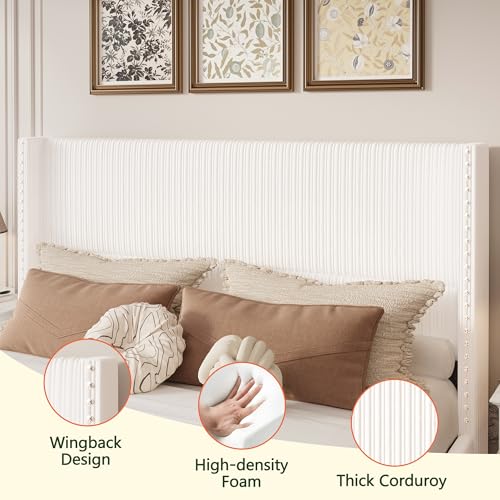 King Size White Corduroy Upholstered Platform Bed Frame with 4 Storage Drawers H610289