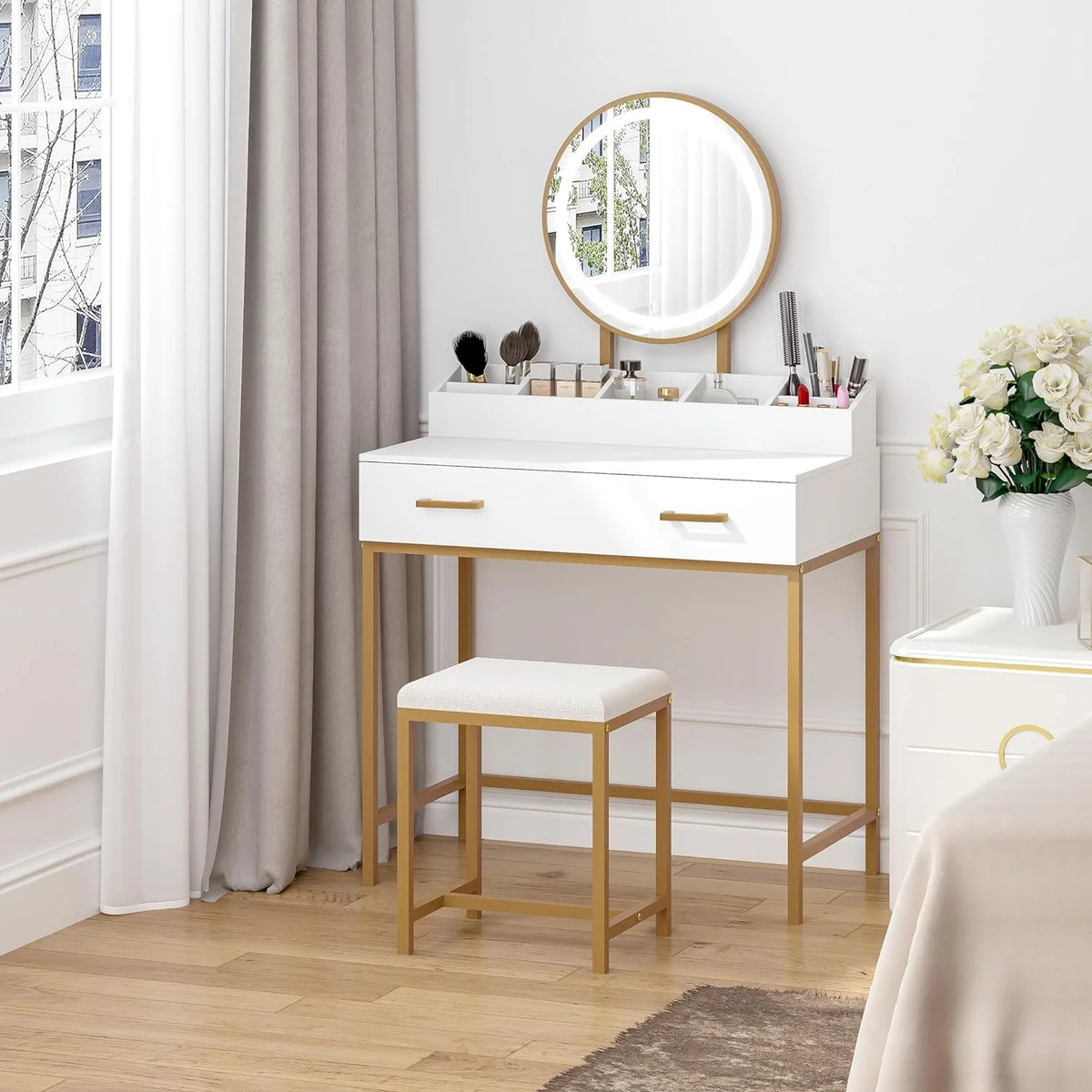 White Makeup Vanity Desk with Mirror and Lights N327623