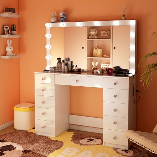 White Vanity Desk with Mirror and 11 Drawer F7938