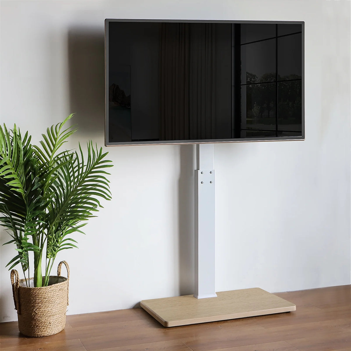 Floor TV Stand with Mount Swivel for 50 to 75 inch Flat TVs Wood Base, White Shelf A6067