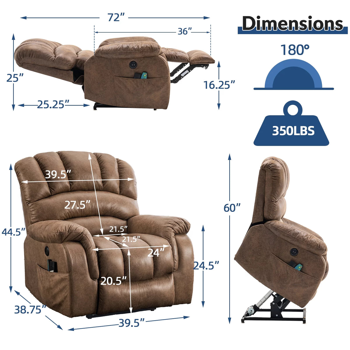 Brown Dual Motor Large Electric Lift Recliner Chair with Heated Massage C4272