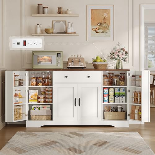 White Buffet Cabinet with Charging Station and Adjustable Shelves E98756