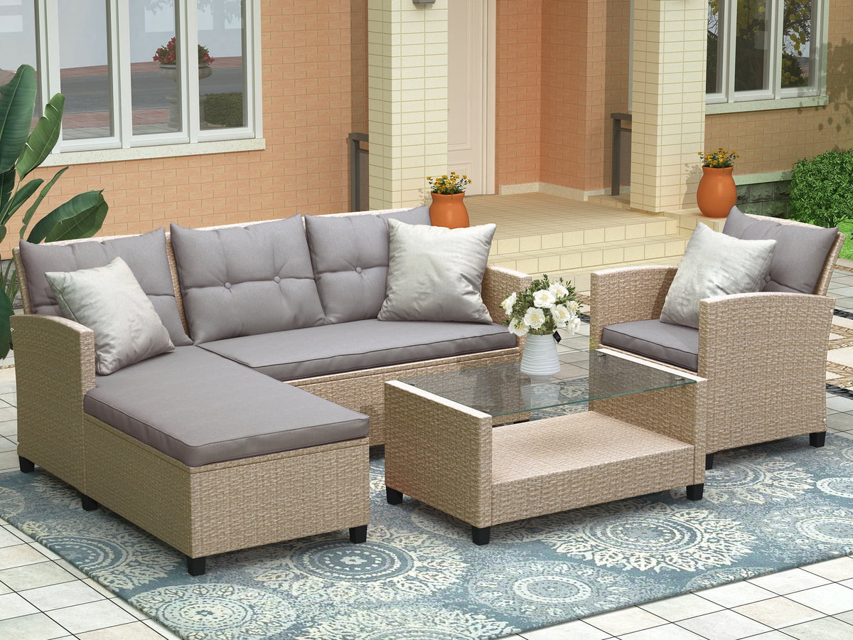 4 Piece All-Weather Wicker Patio Sectional Sofa Set with Cushions I829066