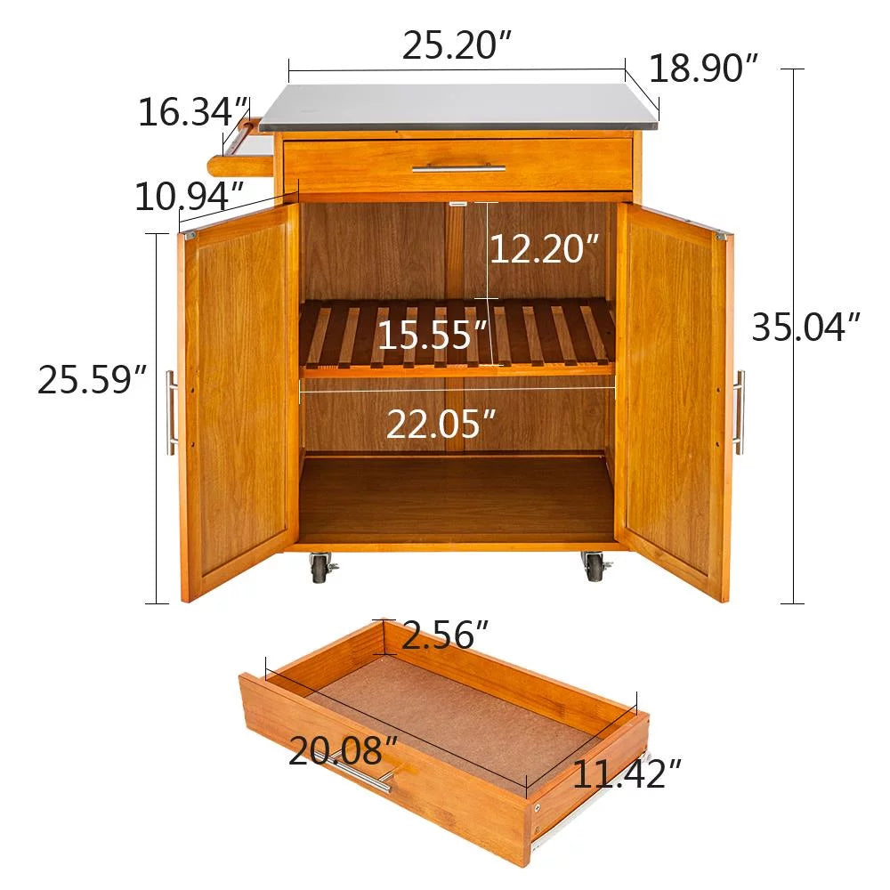 Wood Kitchen Cart with Stainless Steel Top and Storage Cabinet D28933