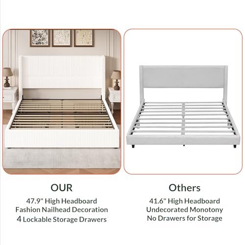King Size White Corduroy Upholstered Platform Bed Frame with 4 Storage Drawers H610289