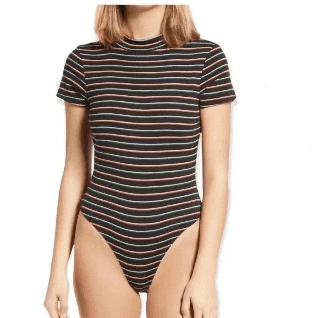 Black Multi Stripe Mock Neck Knit Bodysuit I25084
