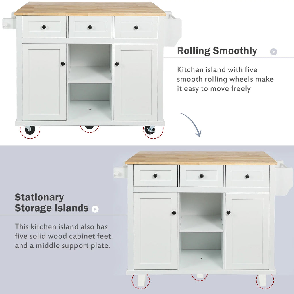 White Kitchen Island with Storage, Drop Leaf, 3 Drawers A977445