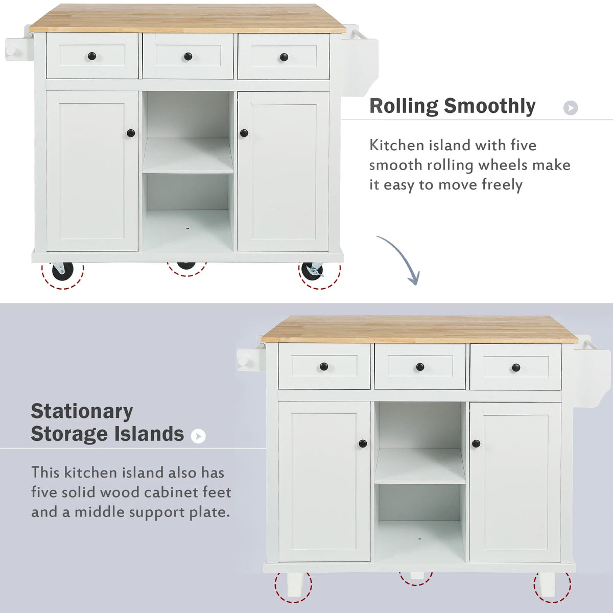 White Kitchen Island with Storage, Drop Leaf, 3 Drawers A977445
