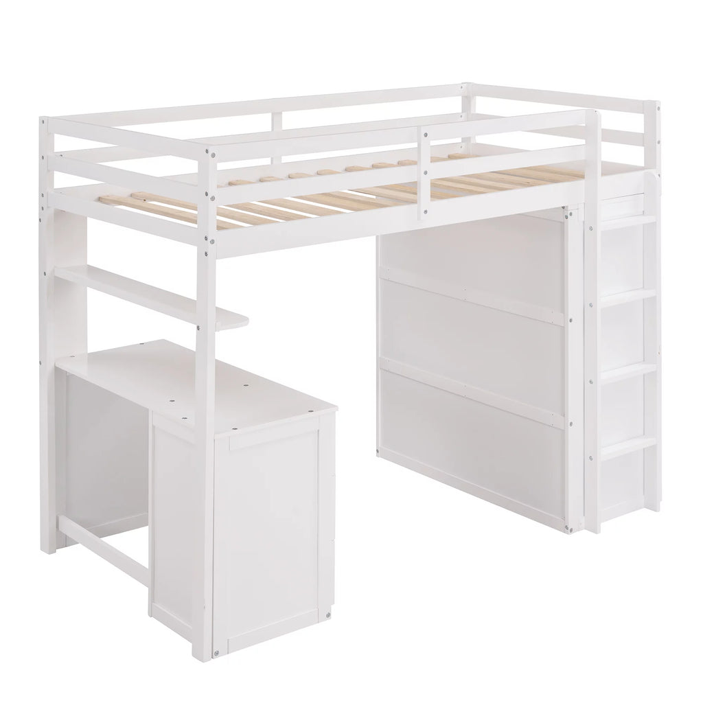 White Twin Size Wooden Loft Bed with Drawers, Desk, Wardrobe, Ladder & Safety Rails Z5715