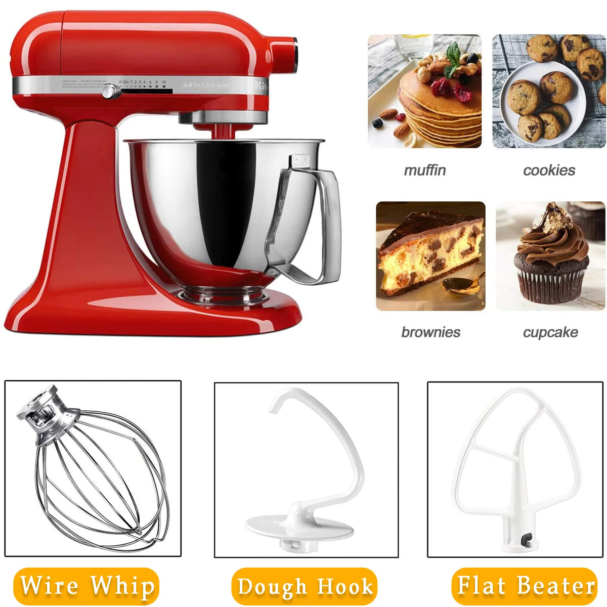 Dough Hook & Wire Whip & Flat Blade Paddle with Scraper for Stand Mixer R607