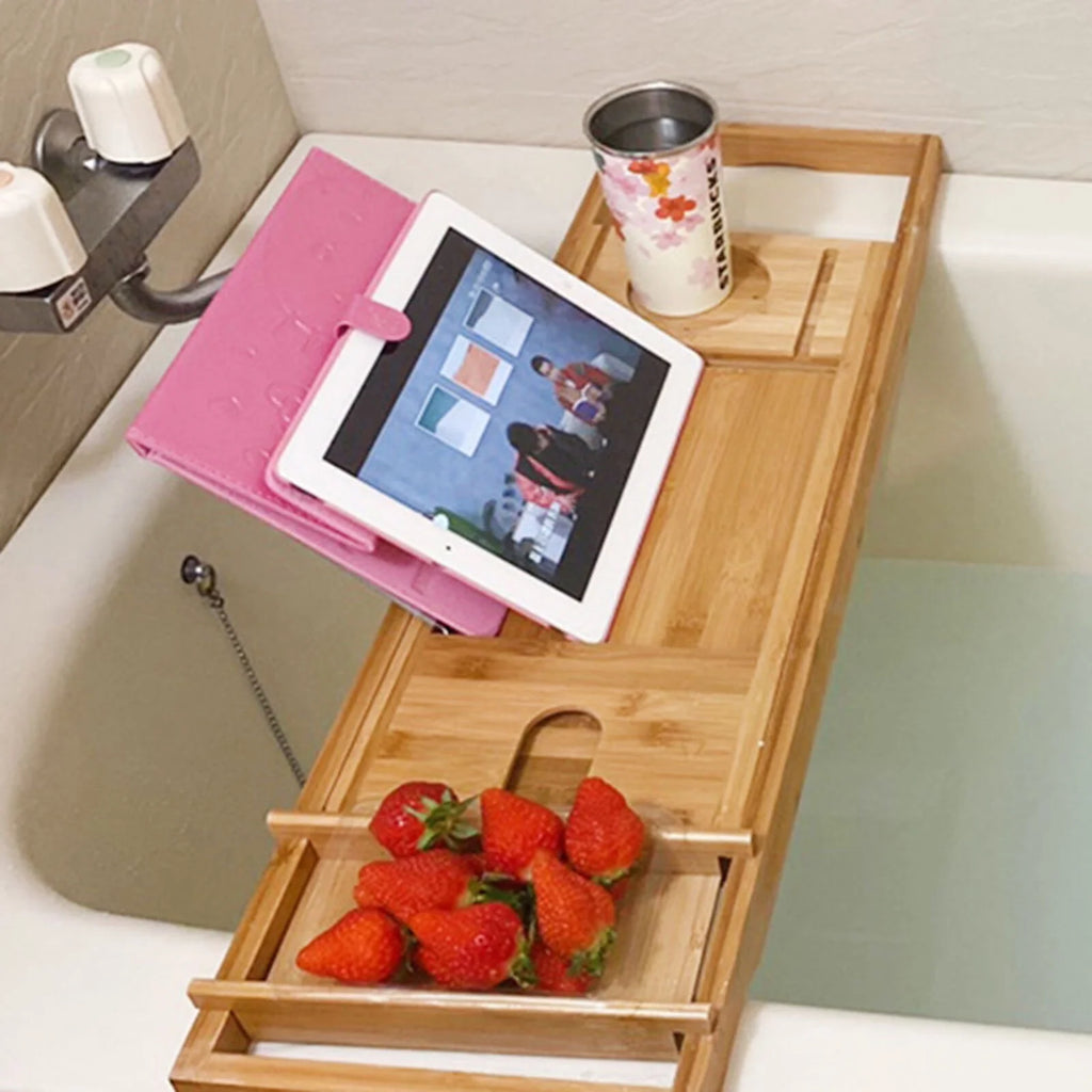 Expandable Bamboo Bathtub Caddy Tray with Wine Glass Holder L587