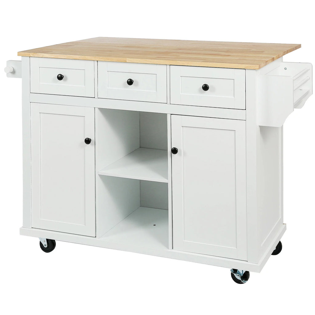 White Kitchen Island with Storage, Drop Leaf, 3 Drawers A977445