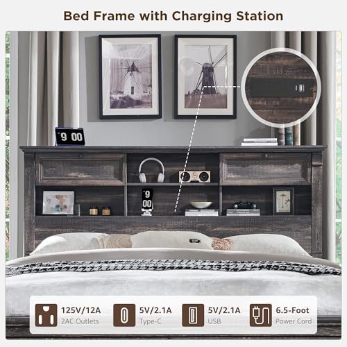 King Size Wood Platform Bed Frame with Storage Headboard and 2 Drawers Antique White R1863
