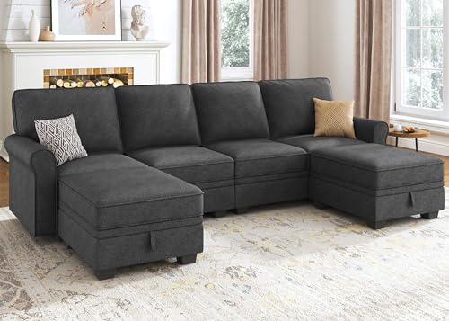 Light Grey U Shaped Sectional Sofa with Storage Seat W66378