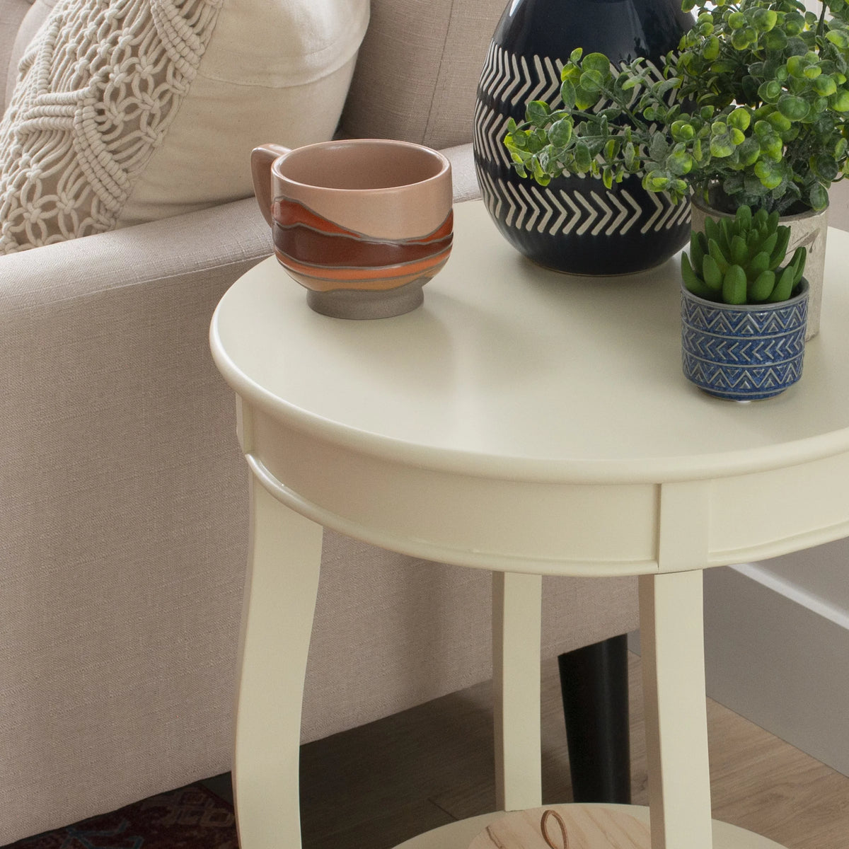 White Round Side Table with Shelf D285