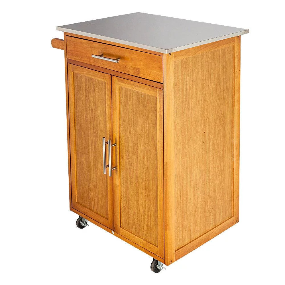 Wood Kitchen Cart with Stainless Steel Top and Storage Cabinet D28933