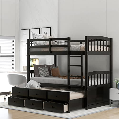Twin Over Twin Wood Bunk Bed with Trundle and Storage Drawers R102