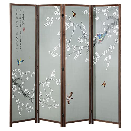 4-Panel Folding Room Divider with Brown Wooden Frame F21468