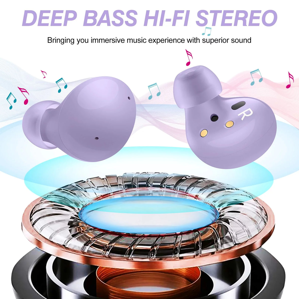 Truly Wireless Bluetooth Headphones with Noise Isolation, Amplified Bass and Dual Dynamic Microphone - Purple D3959