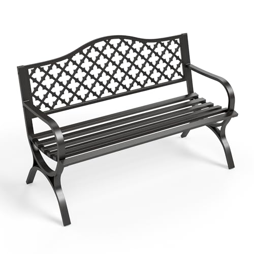50" Black Cast Iron Outdoor Bench with Floral Backrest P967922