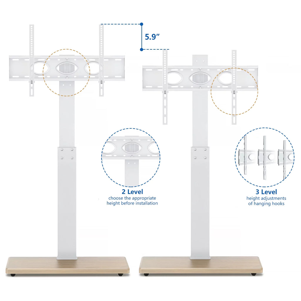 Floor TV Stand with Mount Swivel for 50 to 75 inch Flat TVs Wood Base, White Shelf A6067