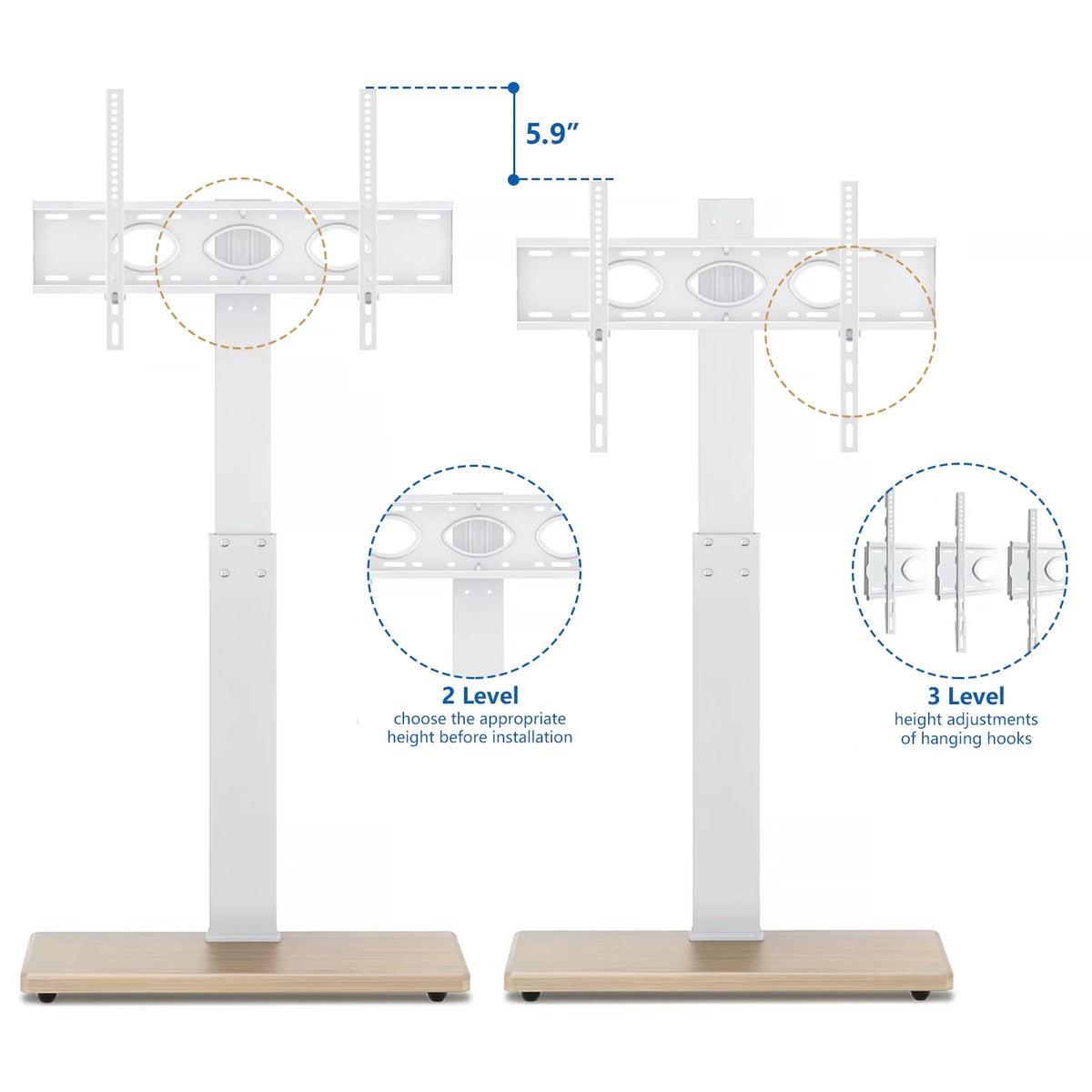 Floor TV Stand with Mount Swivel for 50 to 75 inch Flat TVs Wood Base, White Shelf A6067