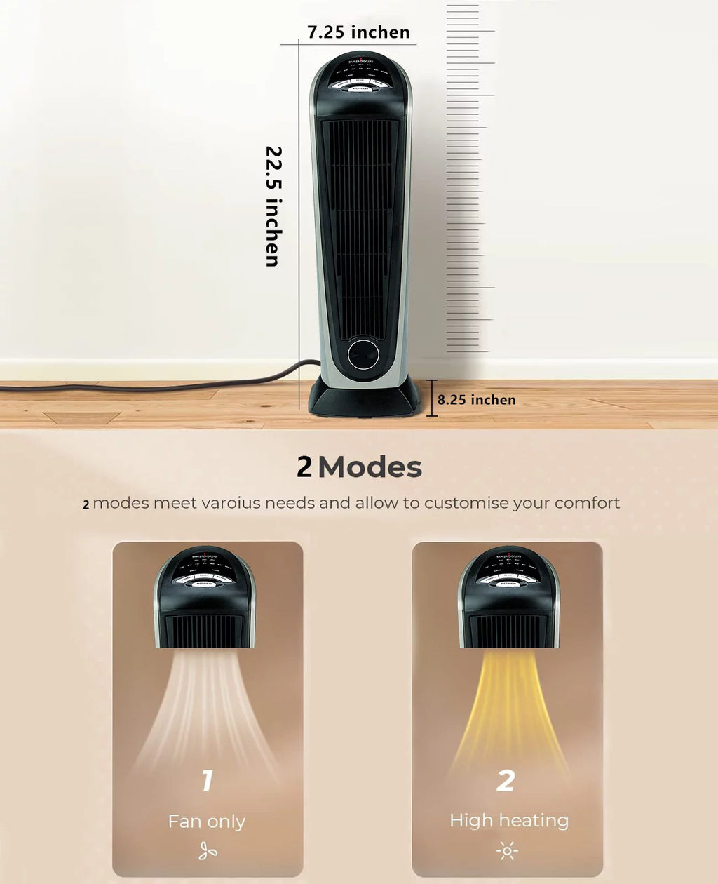 Oscillating Tower Space Heater with Adjustable Thermostat Timer & Remote Control, 22.5 Inches 1500W Grey/Black N26459
