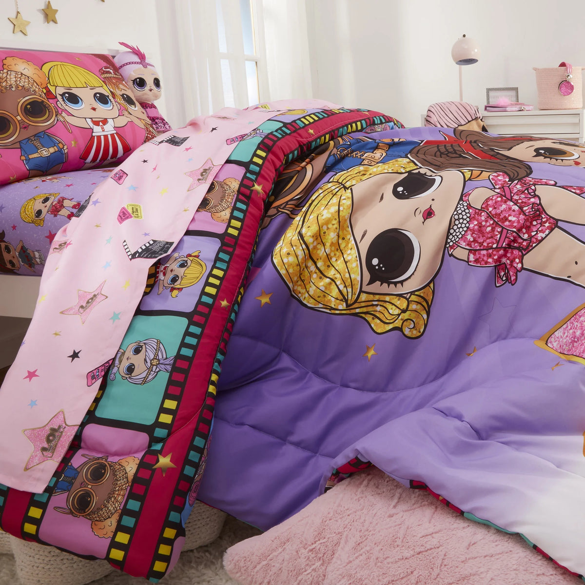Kids Twin Bed in a Bag, Comforter and Sheets, Purple and Pink Y56080
