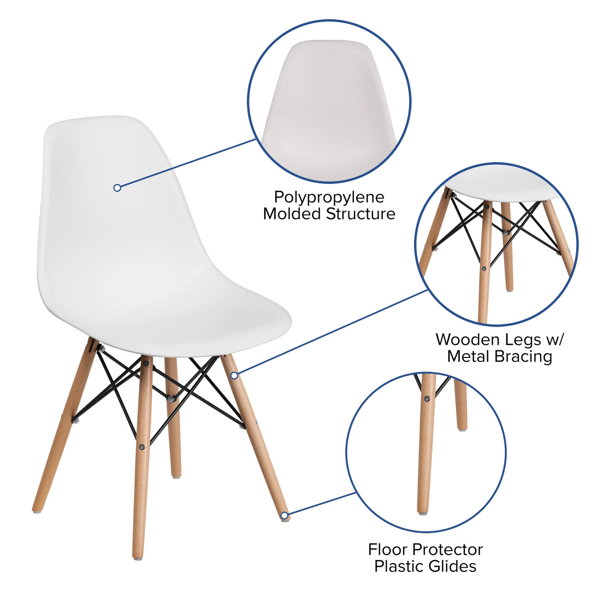 2 Pack White Plastic Chair with Wooden Legs P529087