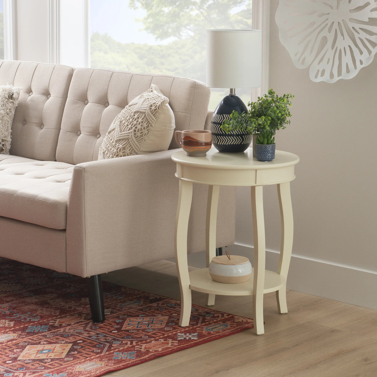 White Round Side Table with Shelf D285