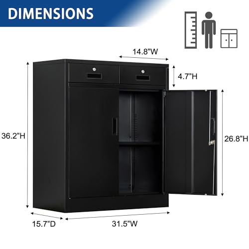 Black Steel Storage Cabinet with 2 Lockable Doors and 2 Adjustable Shelves B6472