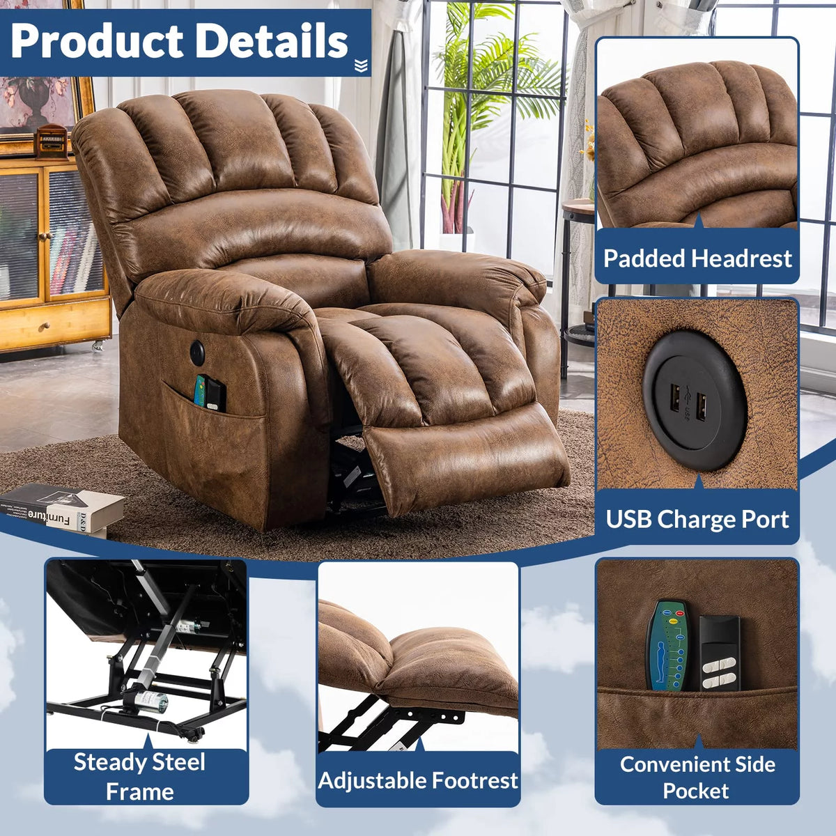 Brown Dual Motor Large Electric Lift Recliner Chair with Heated Massage C4272