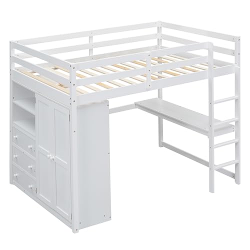 Full Size White Wood Loft Bed Frame with Desk, Wardrobe, Storage Shelves and Drawers P8318