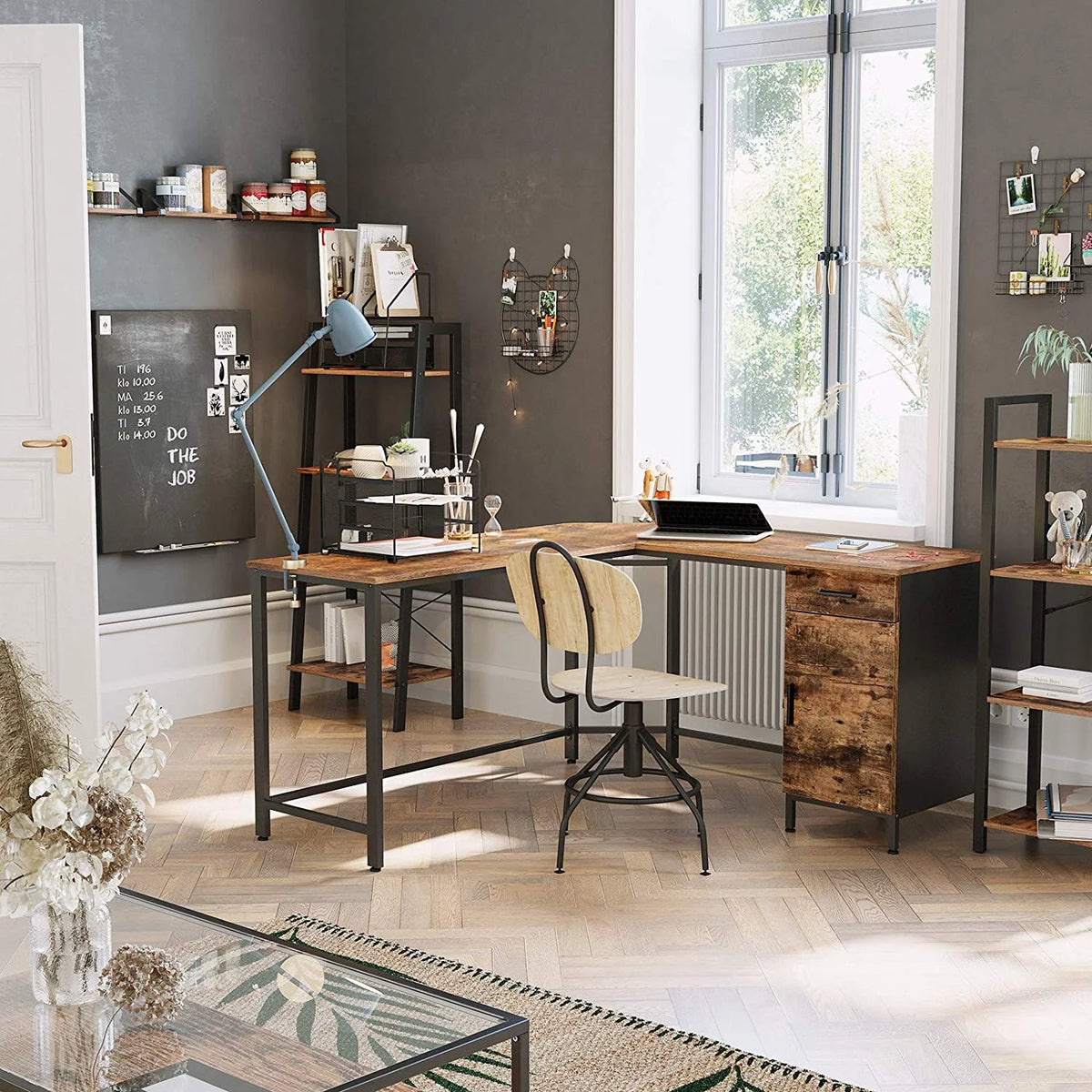 L-Shaped Computer Desk with Cabinet and Drawer A5922