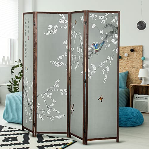 4-Panel Folding Room Divider with Brown Wooden Frame F21468