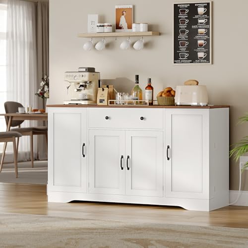 White Buffet Cabinet with Charging Station and Adjustable Shelves E98756
