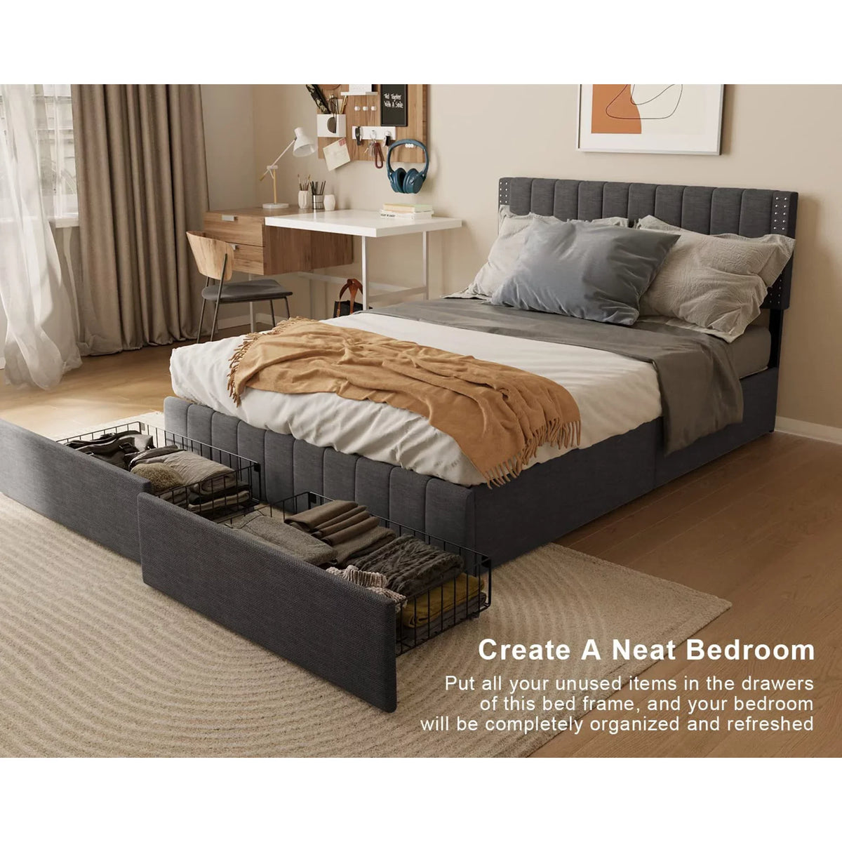 Full Bed Frame with 4 Storage Drawers D6625