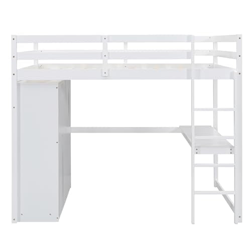 Full Size White Wood Loft Bed Frame with Desk, Wardrobe, Storage Shelves and Drawers P8318
